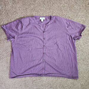 CJ Banks Button Front Top Womens 3X Purple Short Sleeve Shoulder Pads Knit